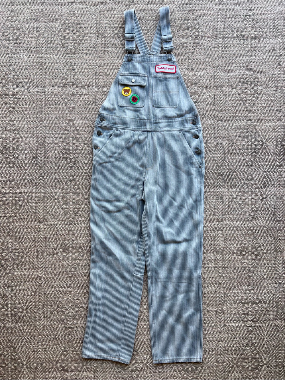 Teddy Fresh Overalls XS Railroad Stripe Denim Patch Workwear Hila Klein Unisex